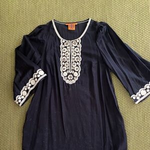 TORY BURCH dress/cover up. Navy with beaded placket, fits small